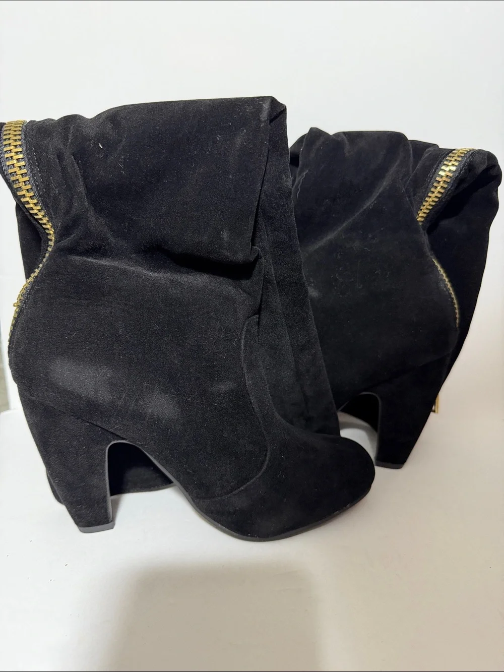 BAMBOO Black Over-the-Knee Suede High Heel Boots with Gold Zipper